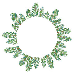 Christmas tree round frame for greeting card congratulations on new year, merry christmas. Christmas Larch, Pine evergreen tree. Hand drawn flat style isolated on white background. Vector illustration