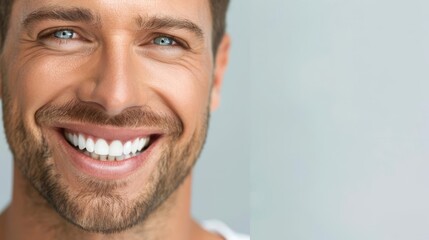 Fototapeta premium closeup portrait of a handsome smiling man with perfect teeth dental ad concept