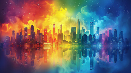 Fototapeta premium Cartoon style illustration of a city skyline with buildings decorated in rainbow stripes and equality symbols. Vector illustration detailed,