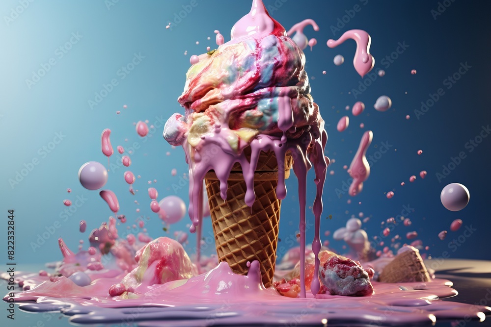 Poster vibrant 3d illustration of a colorful. messy. and delicious melting ice cream explosion on a summer 