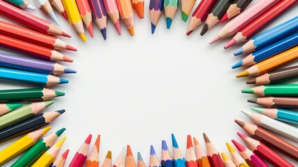 colorful crayons and school supplies frame on white background top view