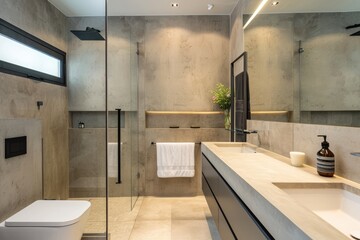 Minimalist bathroom with concrete walls and flooring. Corner shower with clear screens. Long vanity under built-in sink. Mirrored cabinet with lighting