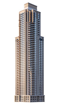 A tall building featuring a clock on its pinnacle against a transparent background