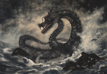 Naklejka premium A dragon made of black stone floats in the sea, its body winding and coiling on itself to form an angry expression.
