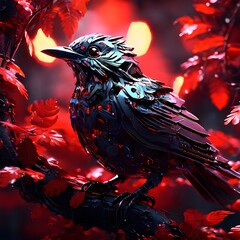 A robot bird is sitting on a tree with red leaves
