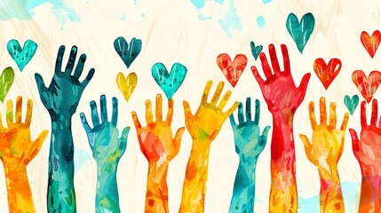 compassionate community hands raised in unity with floating hearts concept illustration
