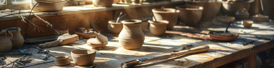 Artisan Pottery Workshop with Sunlit Pottery and Tools on Workbench