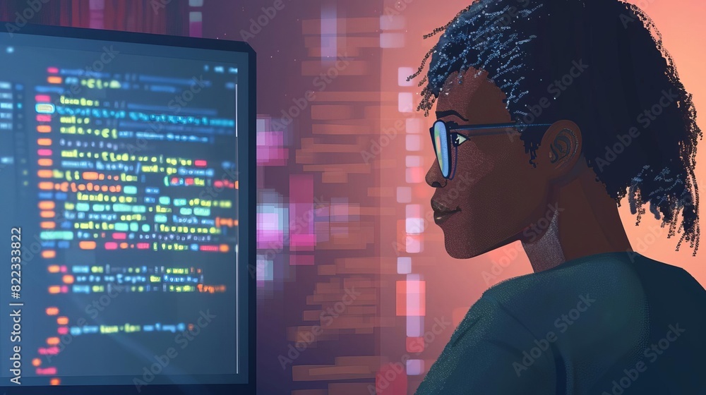 Aufkleber confident african american female programmer analyzing complex code on computer screen digital illus
