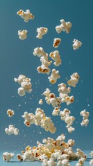 Popcorn falling into the air with a blue background, sugary food background 