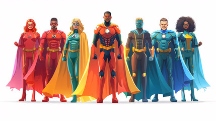 cartoon style illustration of diverse group of superheroes with rainbow capes vector illustration detailed,