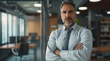 Fototapeta premium confident middleaged businessman ceo portrait standing in office with arms crossed realistic 3d render