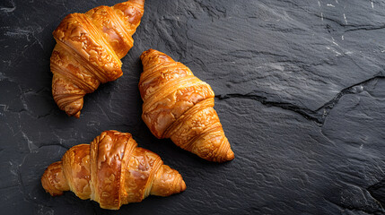 Three freshly baked, golden brown croissants arranged on a dark slate surface, creating a visually appealing contrast and a sense of rustic elegance