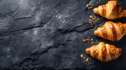 Three golden-brown croissants, adorned with nuts and seeds, rest on a dark stone surface, inviting a delicious breakfast indulgence 