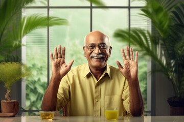 Portrait of a satisfied indian man in his 70s joining palms in a gesture of gratitude in front of stylized simple home office background