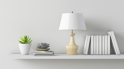 lamp, books and plant on a shelf