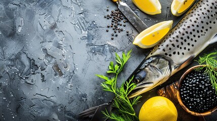 black caviar sturgeon fish beluga, stellate sturgeon fresh healthy meal food snack . Generative Ai