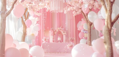 Dreamy pink aesthetic princess party for children, adorned with enchanting decorations and delightful treats. 