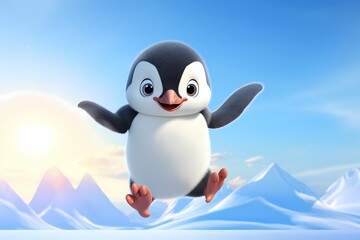 Cute penguin cartoon is jumping high in the air