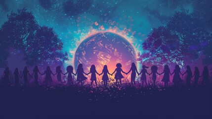 A captivating visual tribute to International Women's Day, showcasing a silhouette of a globe encircled by diverse female figures holding hands, symbolizing global unity and sister