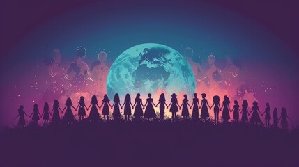 A captivating visual tribute to International Women's Day, showcasing a silhouette of a globe encircled by diverse female figures holding hands, symbolizing global unity and sister