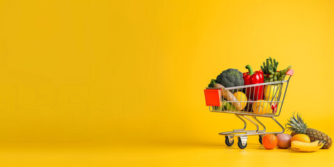 A shopping cart full of food and goods on a yellow background with copy space for a banner design Creative concept with shopping
