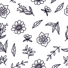 Doodle floral seamless pattern with hand drawn flowers and leaves