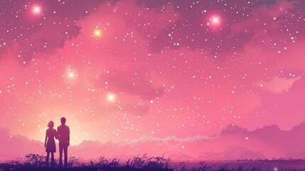 Fototapeta premium create a banner with with a pink background and a couple on the left looking at the stars.. use real faces