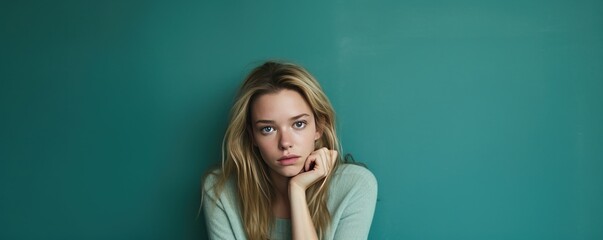 Teal background sad european white Woman realistic person portrait of young beautiful bad mood expression Woman Isolated on Background depression 