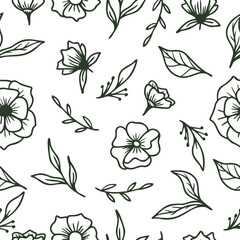 Doodle floral seamless pattern with hand drawn flowers and leaves