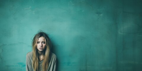 Teal background sad european white Woman realistic person portrait of young beautiful bad mood expression Woman Isolated on Background depression 