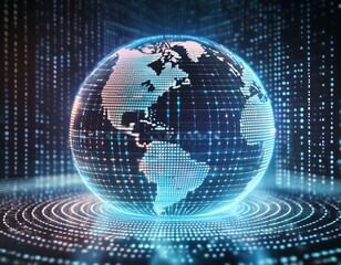 Naklejka premium 3D holographic globe earth world hologram projection virtual space black background wallpaper