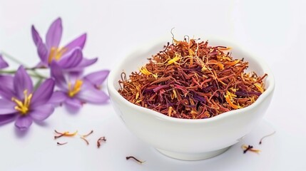 a bowl of dried Saffron and Saffron Flower Plant Traditional Nature on white . Generative Ai