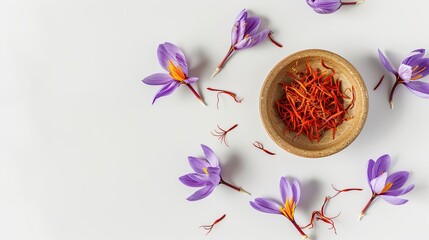 a bowl of dried Saffron and Saffron Flower Plant Traditional Nature on white . Generative Ai