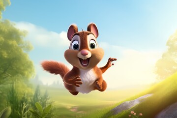 cute cartoon squirrel is jumping high in the air