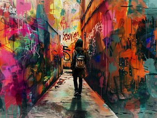 A lone figure walks down a colorful, graffiti-covered alleyway.
