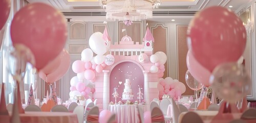 Pink aesthetic princess-themed children's party, filled with whimsical decorations and enchanting atmosphere. 