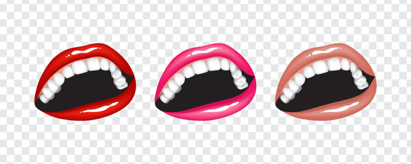 Beautiful bright sexy glossy female lips, teeth, smile in red, pink and beige nude colors. Set of isolated vector illustrations on transparent background