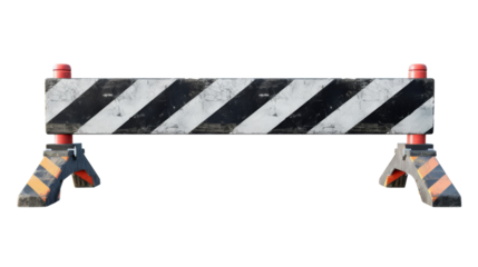 A black and white striped barrier with two orange and black handles on a transparent background