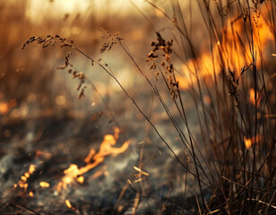 Burning dry grass in the forest. The beginning of a forest fire. Arson of dry grass. The theme of forest fires.Tongues  flame and burning dry yellowed grass in smoke.
