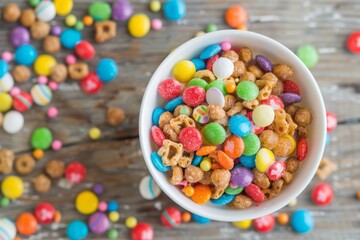 Bowl of cereal with colorful candies, sugary food background 
