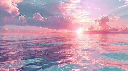 Fototapeta premium Spectacular abstract image of a scenic calm ocean, sunrise sky reflecting in the water. Sunset and natural. Digital art 3D illustration.