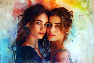 Close-up portrait of two women with vibrant watercolor background