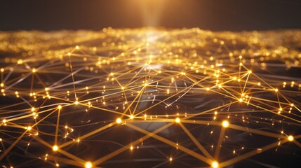 Abstract representation of a glowing network connection in technology. Golden lights emulating connectivity and data flow in a dark background.
