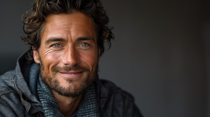Obraz premium portrait of a handsome man smiling against grey background.stock photo