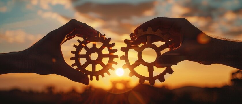 Silhouetted hands fitting gears together at sunset, symbolizing teamwork, collaboration, and the synergy of working towards a common goal with a beautiful sunset backdrop.