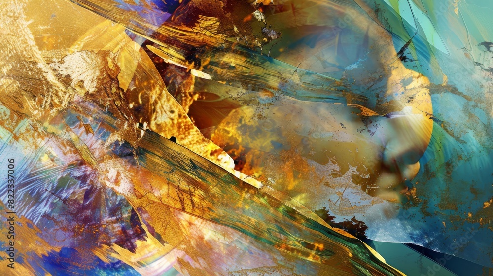 Poster dynamic flow of blue and gold abstract elements creating a vibrant, fluid art piece with a sense of 