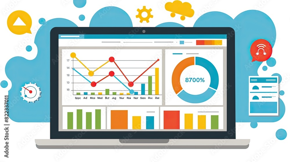 Aufkleber laptop with data analytics dashboard, charts and graphs, representing business analysis, statistics,