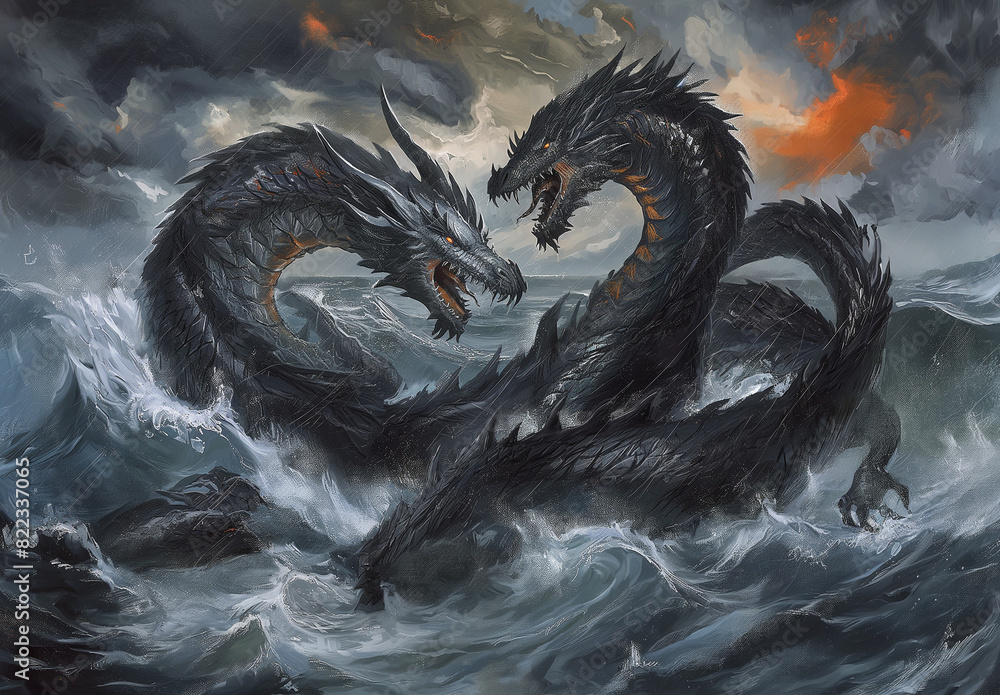 Wall mural in the sea, there is an ancient dragon entwined around another old and powerful black water monster  - Wall murals