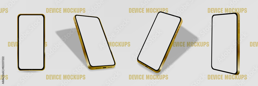 Poster golden stylish realistic smartphone without frame with blank white screen. mockup for visual present