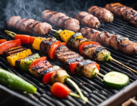 Bar-B-Q delicious grilled meat with vegetables on barbecue grill with smoke , pock meat skewe.